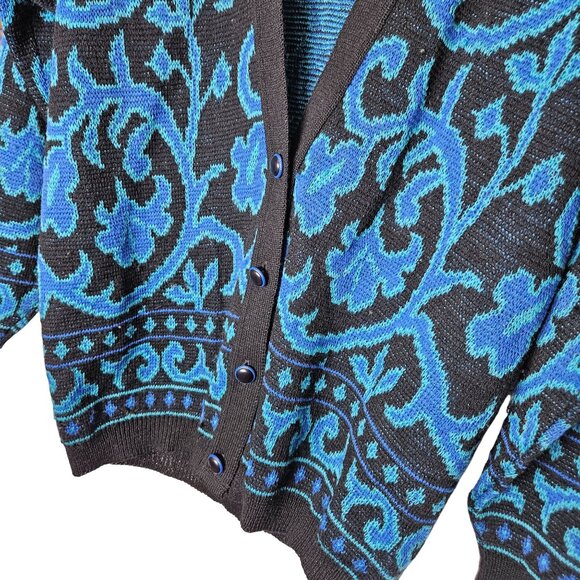 Vintage 80s 90s Pendleton Wool Cardigan Sweater Blue Black Button Puff Sleeve M - Picture 4 of 11